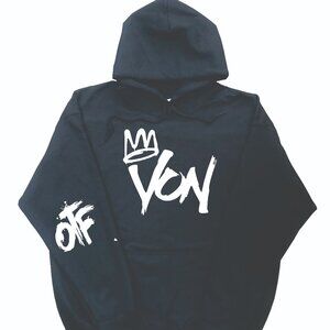 King Von Hoodie with Only The Family Design on Sleeve Black (White Designs)